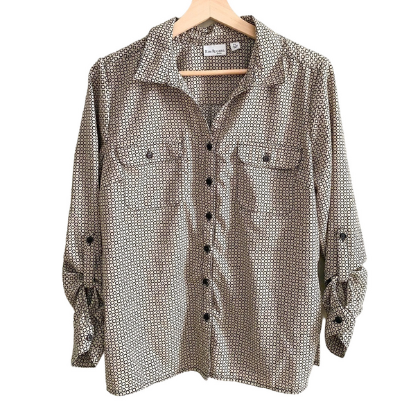 Kim Rogers Tops - Kim Rogers Blouse | Size Petite Large | Brown Collared Roll Tab Long Sleeve